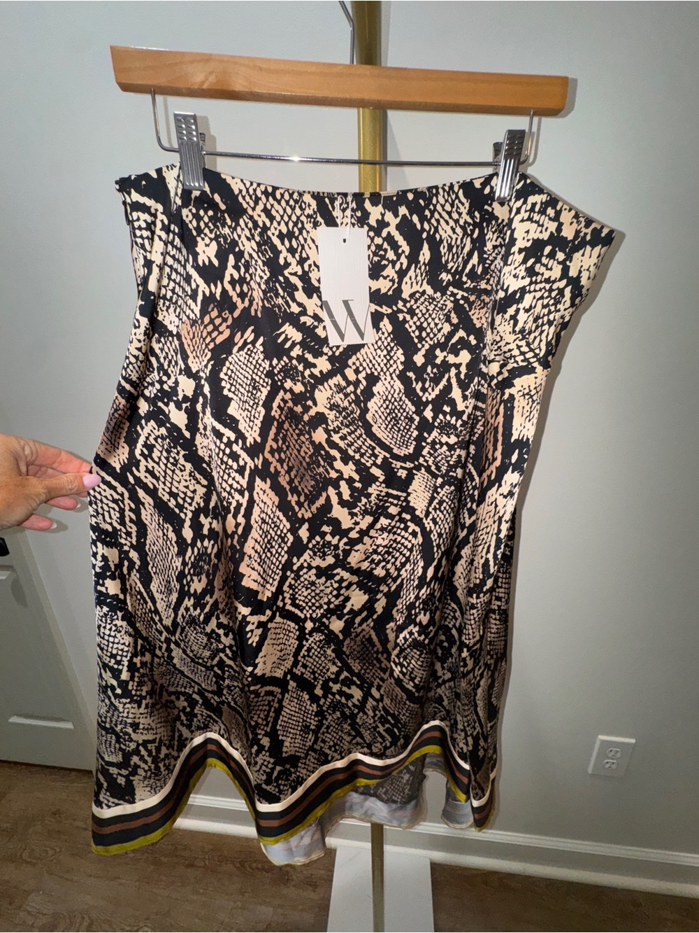 Worthington Snake-Print A-Line Skirt in Beige and Black with Striped Hem